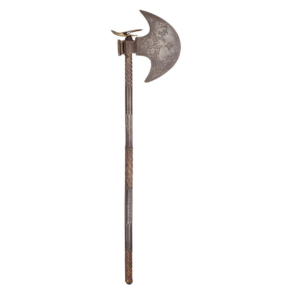 Metal Persian-style axe with a curved blade and decorative cord-wrapped handle, shown on a white background.