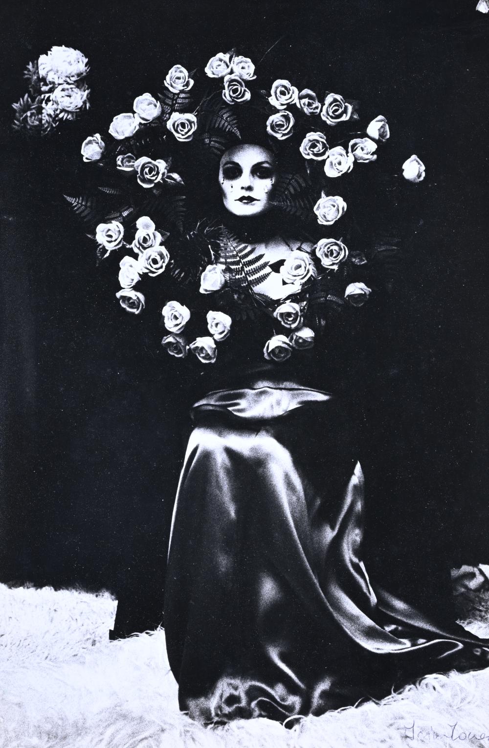 Irèna Ionesco comparable auction result: irina ionesco 1930 2022 gelatin silver print seated woman surrounded by a large wreath of flowers signed