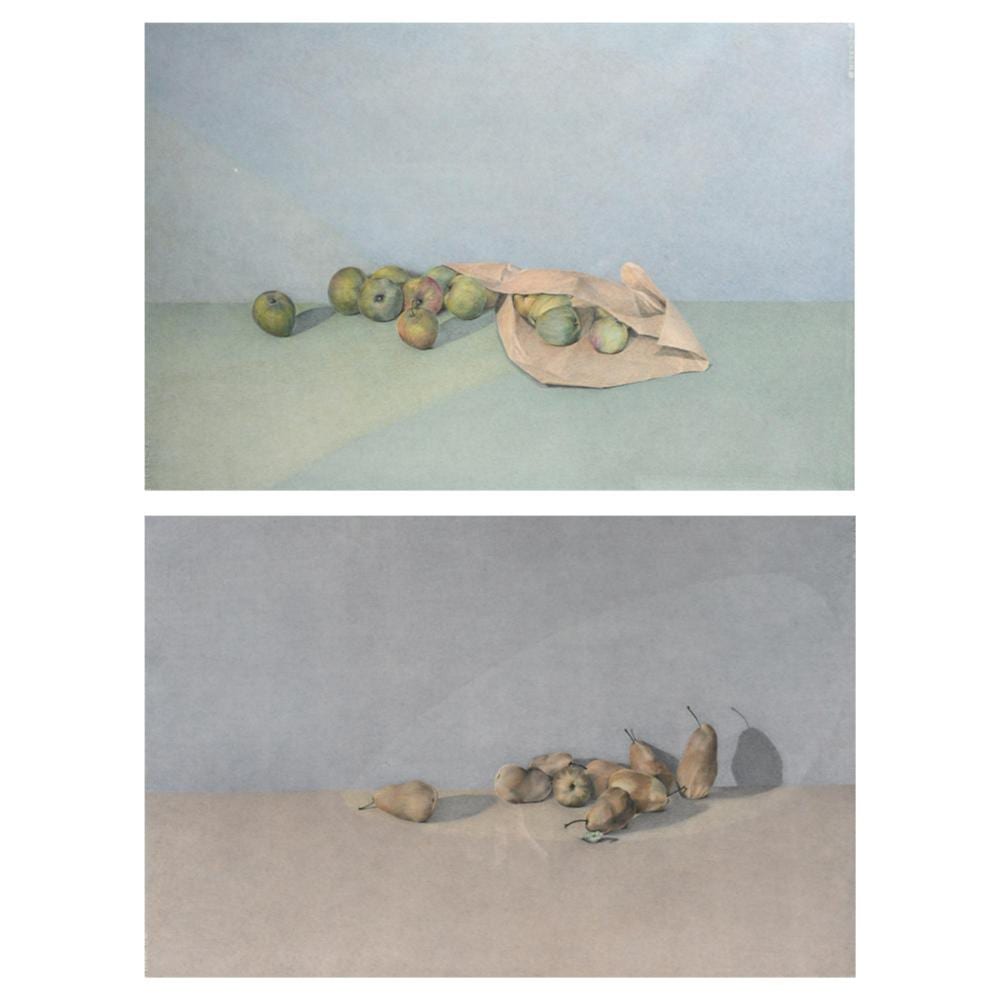 Pierre Lahaut comparable auction result: pierre lahaut 1931 2013 pencil and white chalk drawing landscape signed and 2 colored pencil drawings still life with apples and still life with pears signed