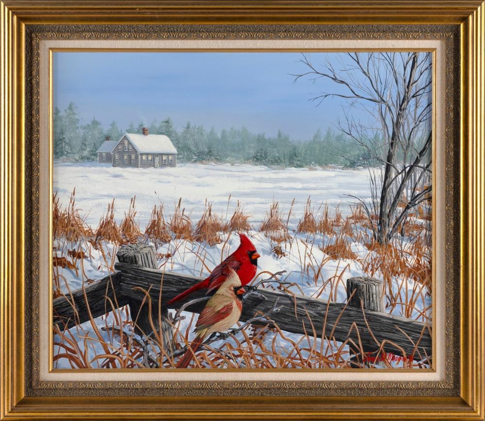 James W. Maddocks comparable auction result: james w maddocks massachusetts contemporary bucolic winter scene with cardinals perched on a split rail fence oil on canvas 20 x 24 framed 26 25 x 30 5