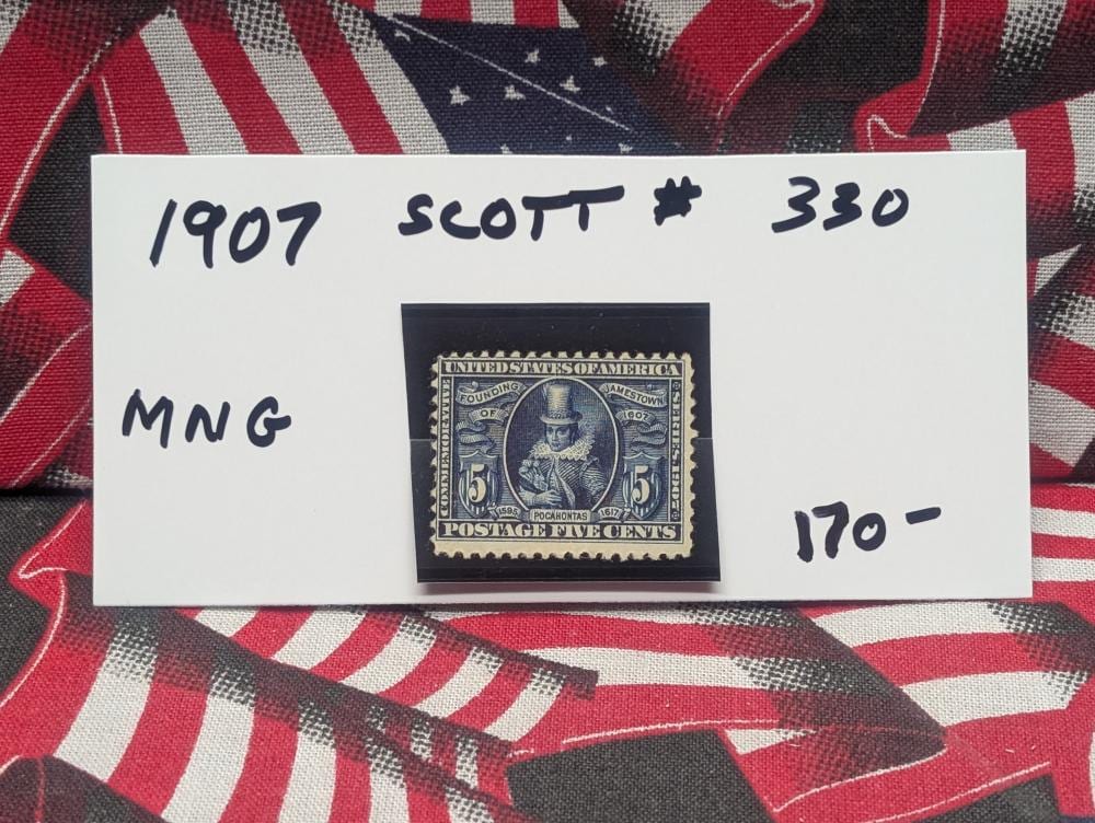 U.S. postage stamp featuring a portrait of Pocahontas and the number 5 cents, shown on a label reading “1907 Scott 330.”