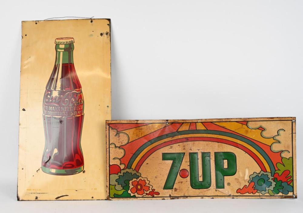 VINTAGE COCA COLA & 7UP TIN SIGNS sold by Milestone Auctions, lot 602 — auction record photograph