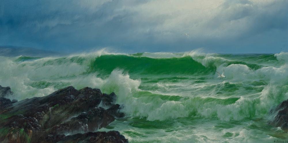 David James comparable auction result: david james ireland 1853 1904 cumbria plunging seas oil on canvas25 1 4
