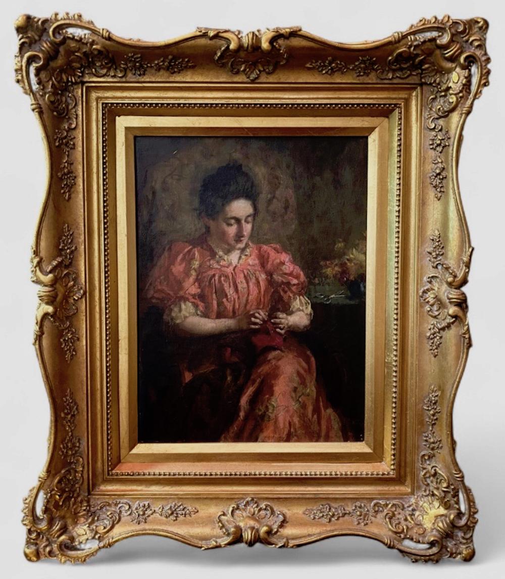 james s king american 1852 1925 lady knitting in the parlour · Kensington Estate Auctions · 2025-12-01 James S. King comparable auction result: james s king american 1852 1925 lady knitting in the parlour