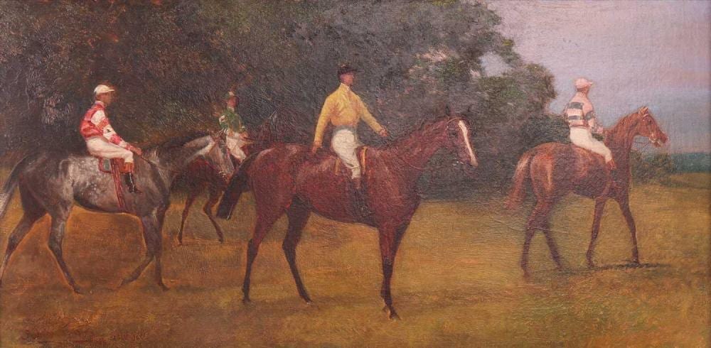 Adrian Jones comparable auction result: adrian jones british 1845 1938 waiting for the start signed adrian jones and dated 1899 lower left oil on canvas 30 5 x 61 cm framed 48 5 x 79 cm