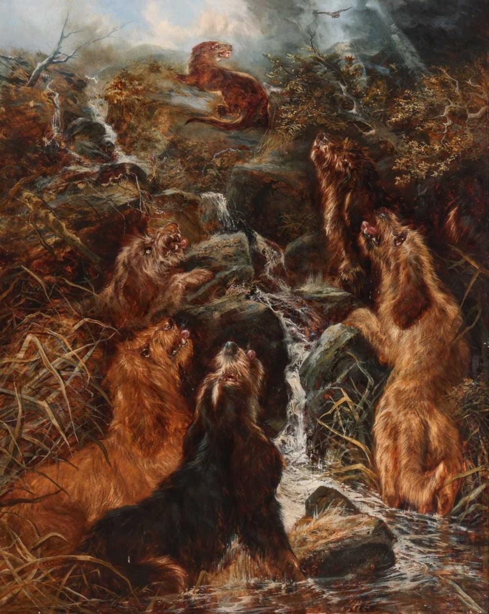 Robert Cleminson comparable auction result: robert cleminson british fl c 1864 c 1903 otter escaping the terriers signed and dated r cleminson senr 1886 lower left oil on canvas 128 5 x 101 5 cm framed 154 x 128 cm