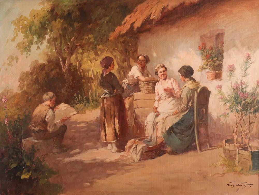 Agoston Acs comparable auction result: agoston acs hungarian 1889 1947 in conversation outside a house signed acs agoston lower right oil on canvas 60 x 80 cm framed 79 x 99 cm framed