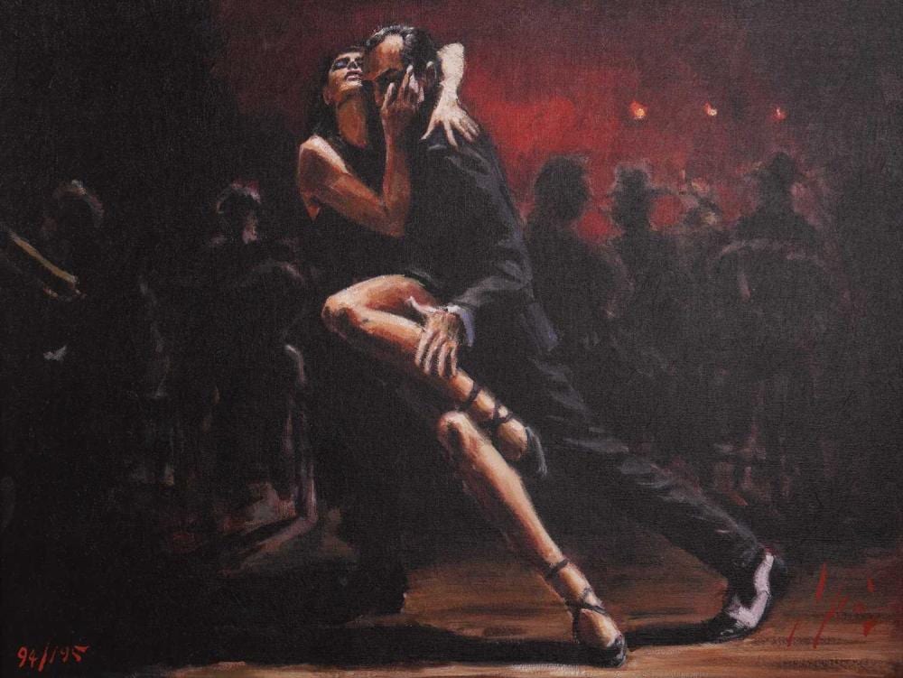 Fabian Perez (Argentine b.1967) Tango in Red signed and numbered 94/195 hand-embellished giclee print on canvas 56 x 75 cm, framed 79 x 98 cm sold by Dawsons Auctioneers, lot 129 — auction record photograph