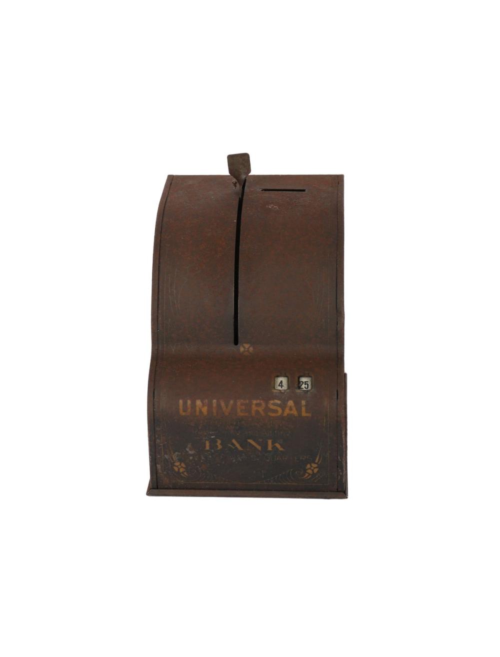Brown metal coin bank shaped like a cash register with a black divider slot and “UNIVERSAL” lettering on the front.
