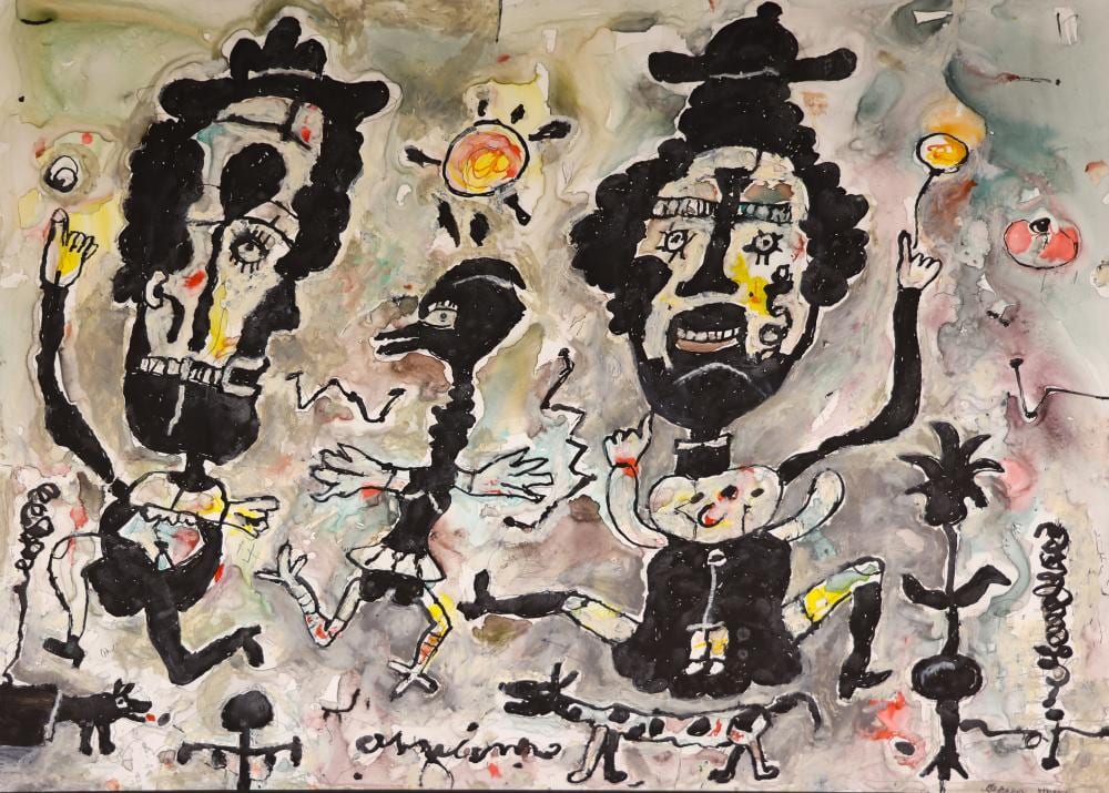 Alden Mason comparable auction result: alden mason friends with spirit bird mixed media on paper