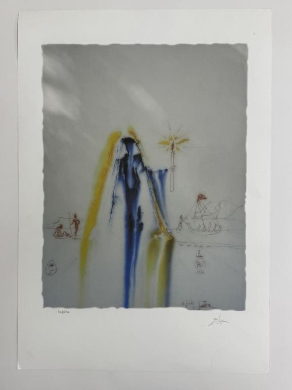 Color lithograph print of a figure with a blue-and-yellow vertical form, small sketches and a bright star-like figure, shown on a white sheet.