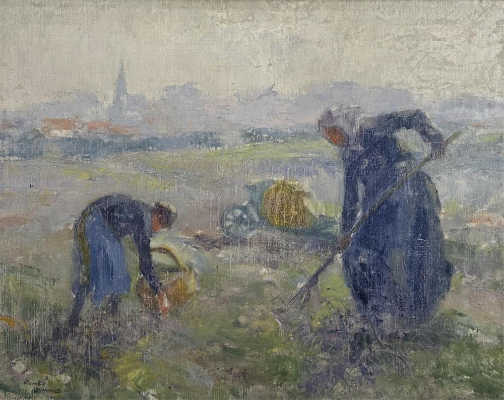 Roméo Dumoulin comparable auction result: rom o dumoulin 1944 2 vieilles personnes aux champs huile sur toile dimensions 40 x 50 cm porte au dos une tiquette de collection et de certification