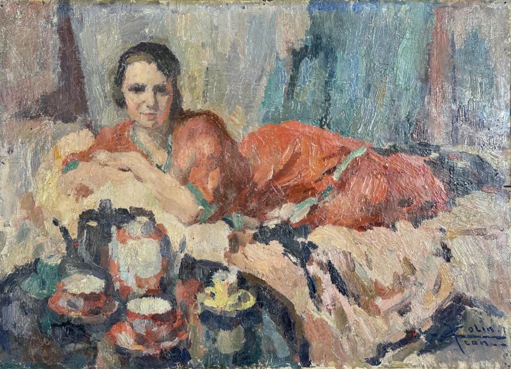 Jean Colin comparable auction result: jean colin 1881 1961 l l gante allong e en attendant le th huile sur panneau dimensions 39 x 54 cm