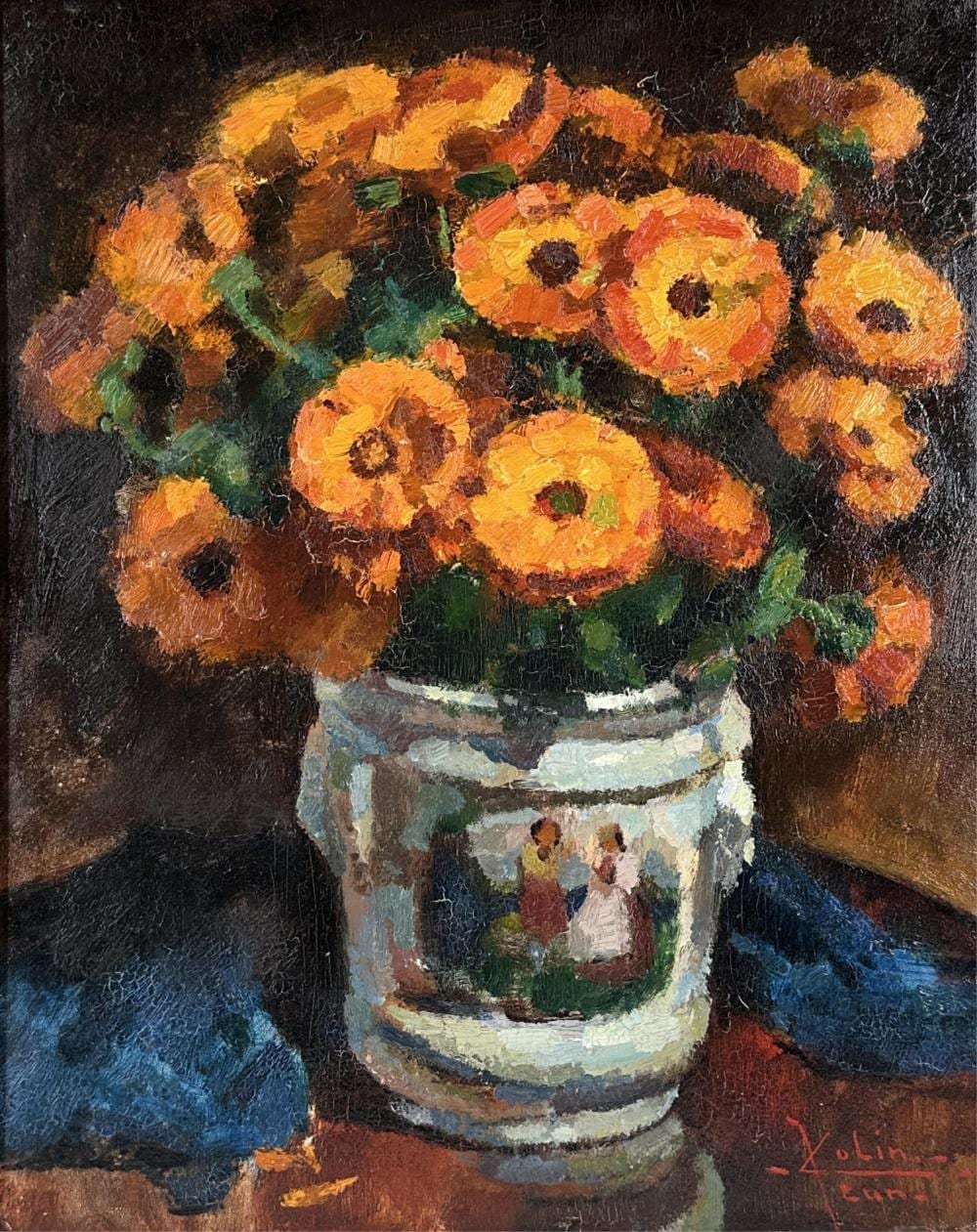 Jean Colin comparable auction result: jean colin 1881 1961 nature morte au bouquet de fleurs dans un cache pot en porcelaine d cor d une sc ne romantique huile sur panneau dimensions 40 x 32 cm