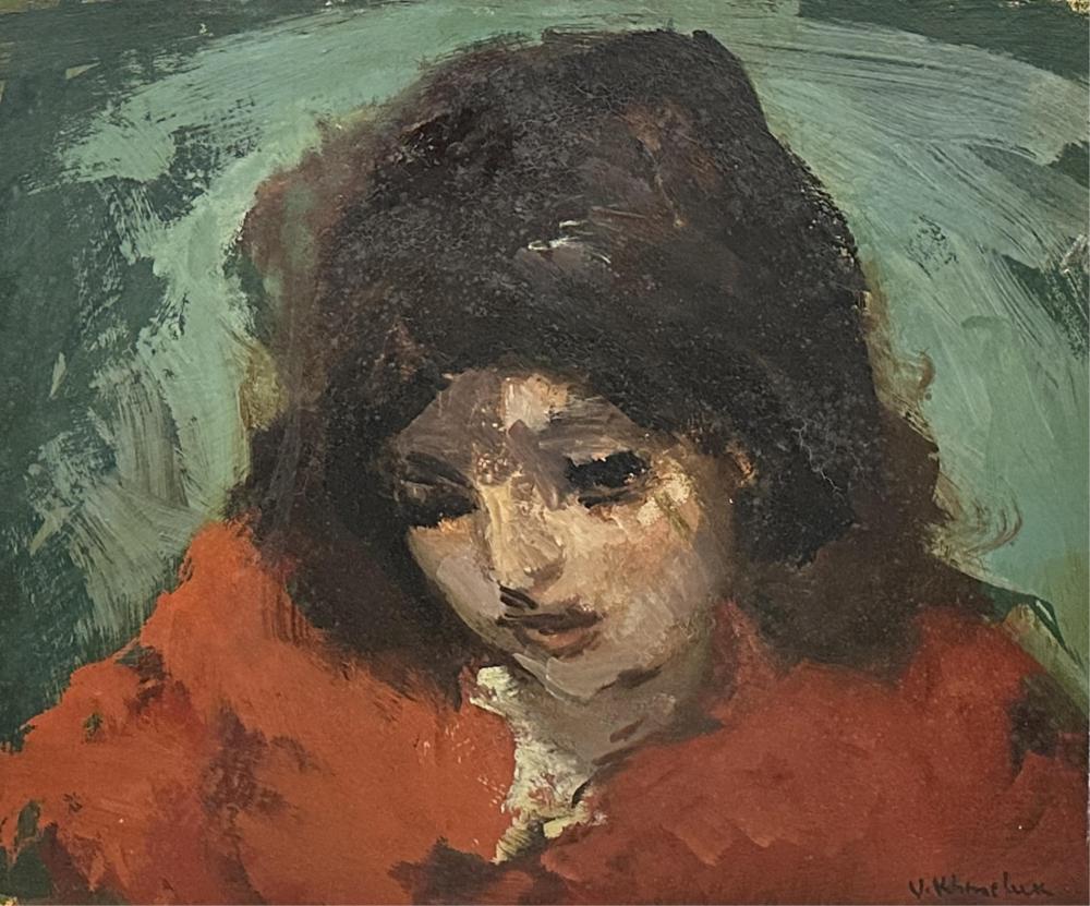 vasyl khmeluk 1903 1986 ecole ukrainienne portrait de jeune femme au pull rouge huile sur panneau dimensions de l uvre 37 x 45 cm · MJV Soudant · 2025-11-23 Vasyl Khmeluk comparable auction result: vasyl khmeluk 1903 1986 ecole ukrainienne portrait de jeune femme au pull rouge huile sur panneau dimensions de l uvre 37 x 45 cm