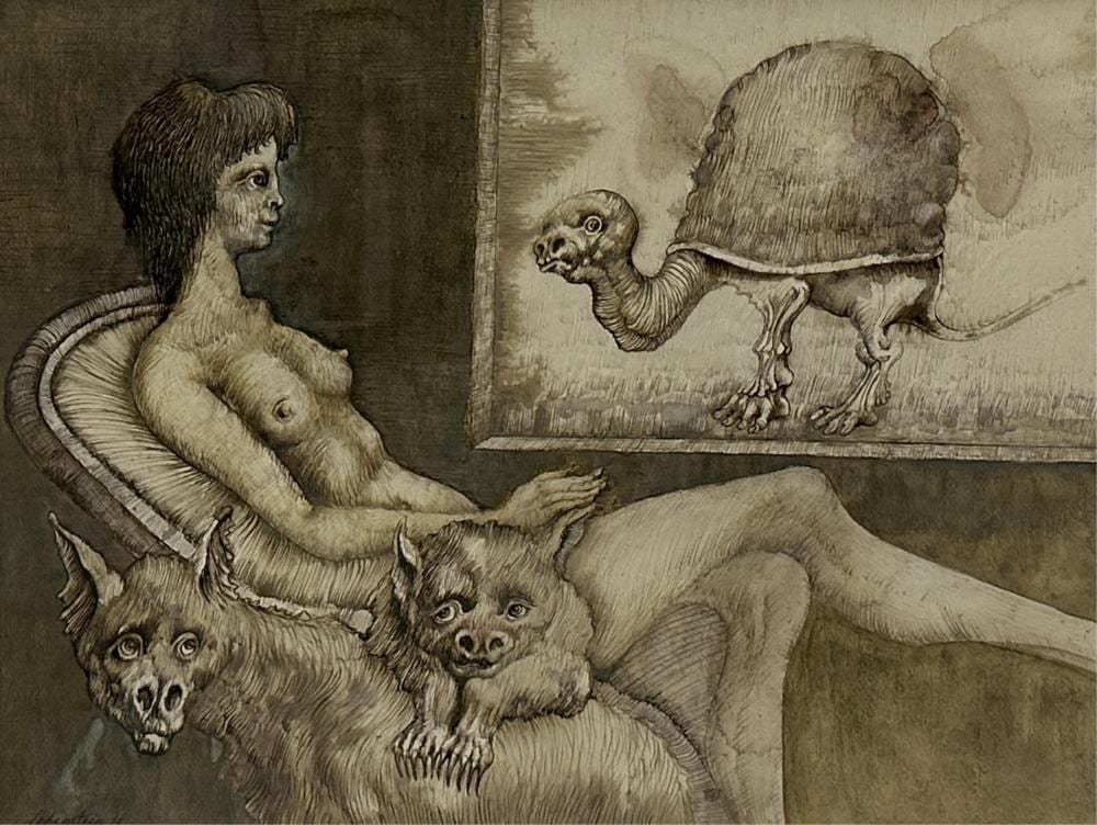 Jan Lebenstein comparable auction result: jan lebenstein 1930 1999 voyeur 1976 technique mixte sur papier dimensions 48 x 64 cm