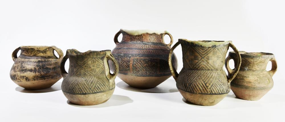 Five Painted Pottery Handled Jars, Majiayao Culture, Machang Phase sold by Bennett & Dykes Ltd, lot 143 — auction record photograph