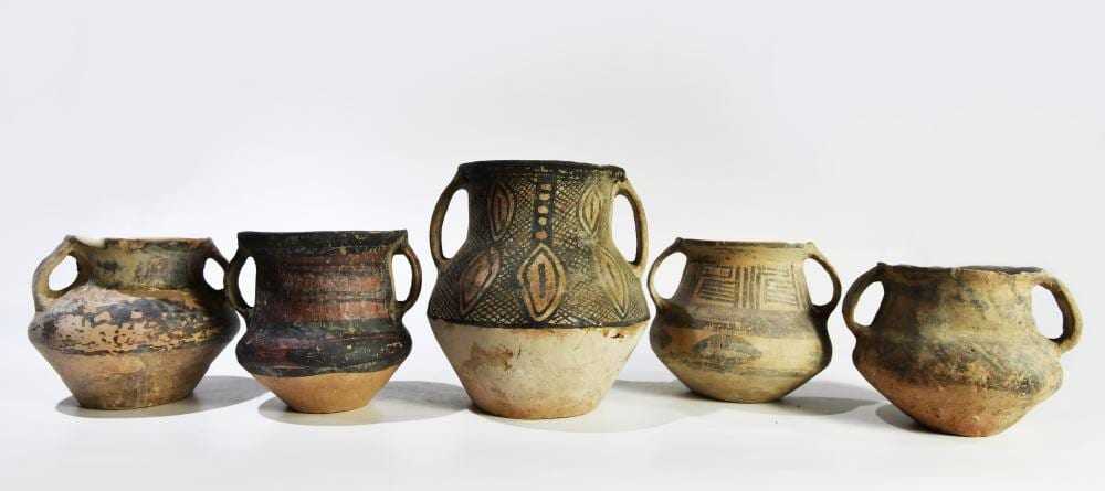 Five Painted Pottery Handled Jars, Majiayao Culture, Machang Phase sold by Bennett & Dykes Ltd, lot 145 — auction record photograph