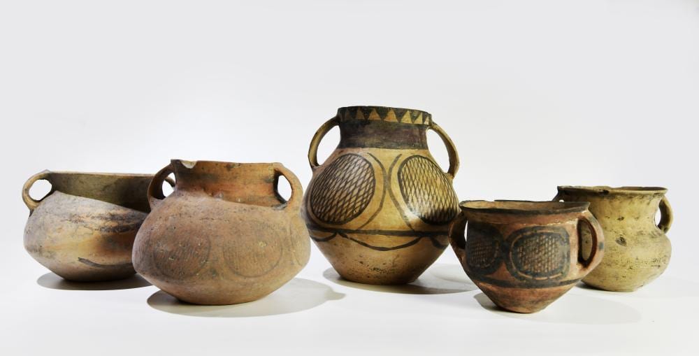 Five Painted Pottery Handled Jars, Majiayao Culture, Machang Phase sold by Bennett & Dykes Ltd, lot 147 — auction record photograph