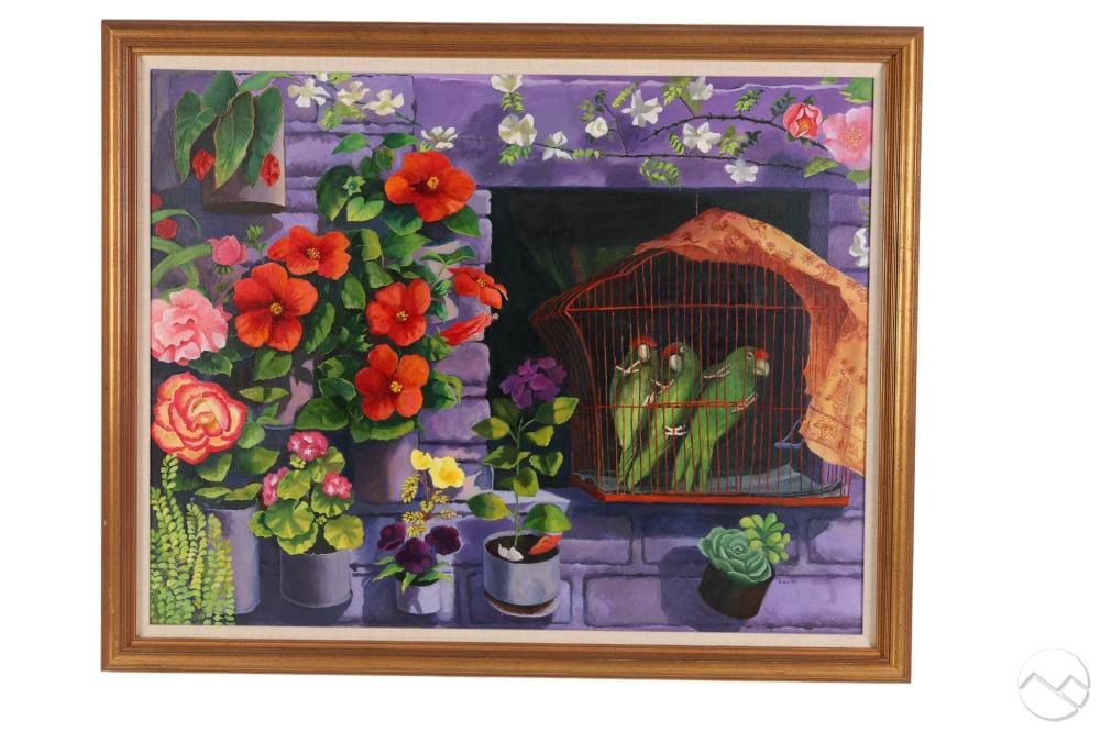 Elena Climent comparable auction result: elena climent b 1955 bird cage floral oil painting