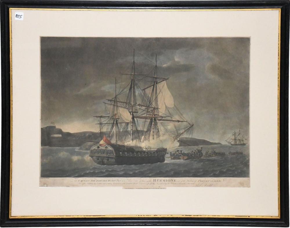Robert Dodd comparable auction result: robert dodd english 1748 1815 colored engraving dated 1800 hermione being towed by robert dodd sight 17 x 25 inches overall framed size 28 1 2 x 35 inches