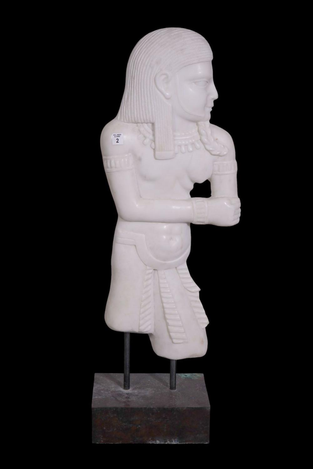 Auction comp thumbnail for Carved Marble Sculpture of an Egyptian Pharaoh, Flat Sided Figure, white marble, 32"H x 13"w Sculpture & Base 4"h (Bill Hood & Sons Arts & Antiques Auctions, Lot 2)