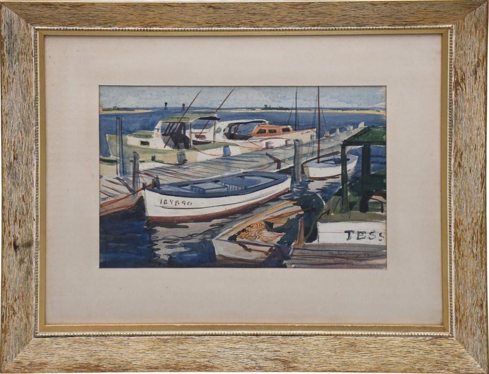 Martin Linsey comparable auction result: martin linsey american 1915 2010 watercolor coconut grove boat docks some foxing sight 13 1 2 x 20 1 2 overall framed size 27 x 33 inches