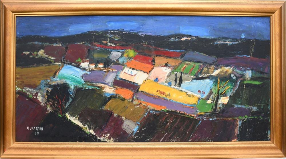 Alfred Persia comparable auction result: alfred persia france 1933 provence cubist style oil on canvas landscape overall framed size is 24x 44inches painting size approx 20 x 40 inches