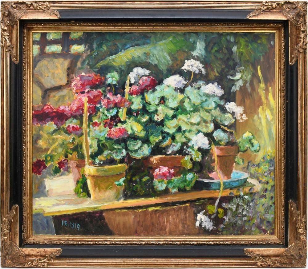 Alfred Persia comparable auction result: alfred persia french b 1933 les geraniums still life o c 21 1 2 x 25 1 2 inches overall framed size 27 x 31 1 2 inches