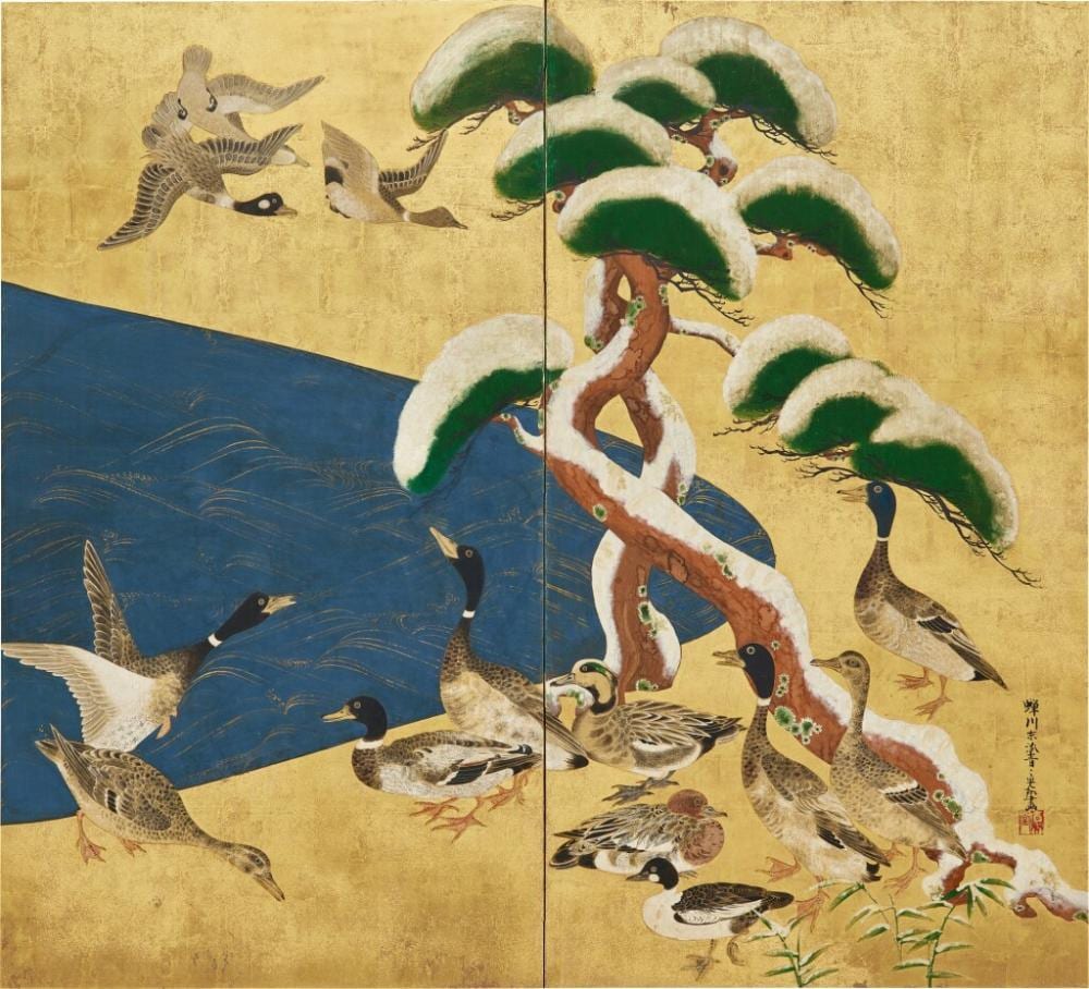 Ogata Korin comparable auction result: ogata korin 1658 1716 ducks among snow covered pine edo period early 18th century 18
