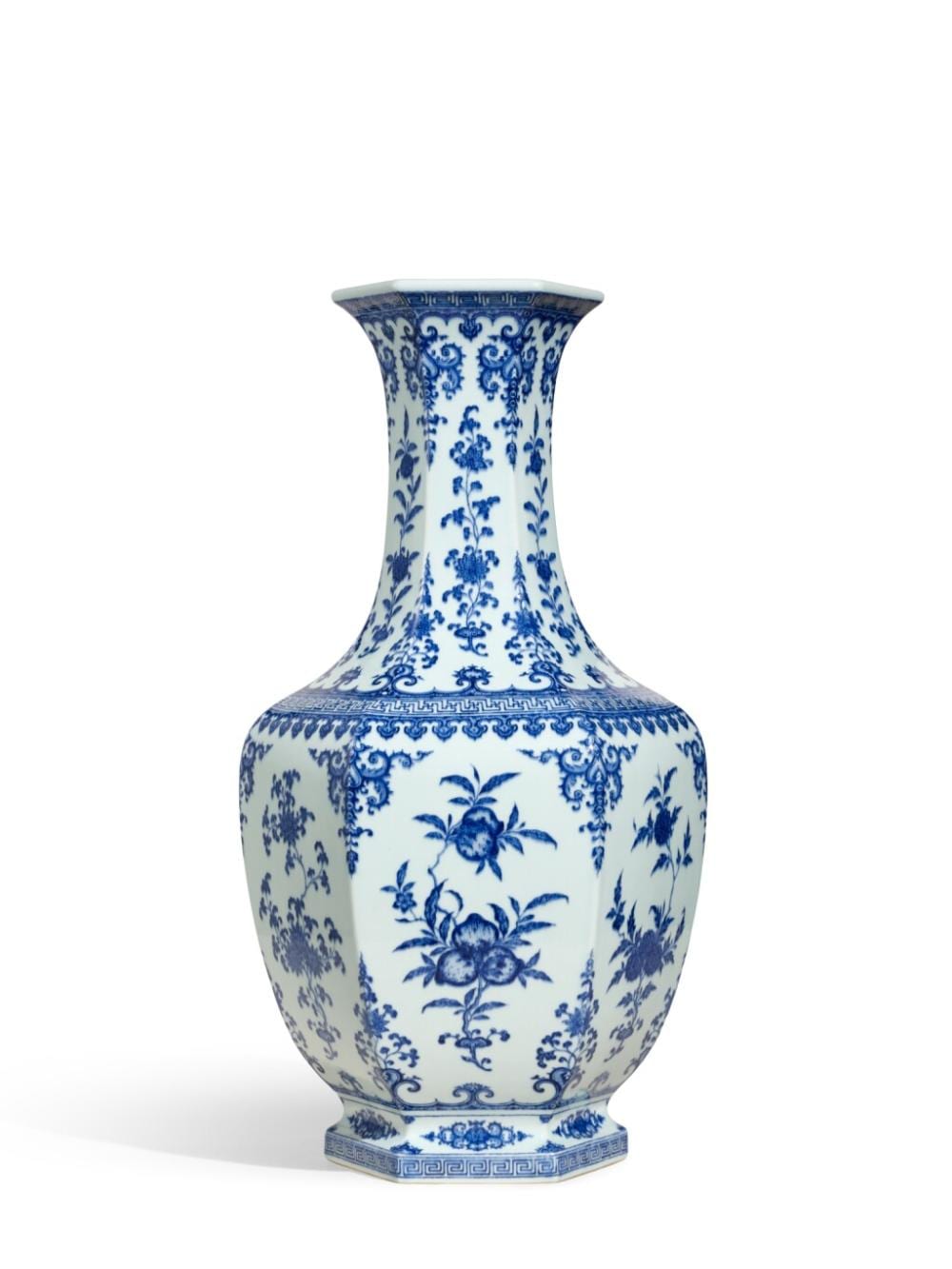 A rare and large blue and white hexagonal vase, Seal mark and period of Qianlong | 清乾隆　青花折枝花果紋六方瓶　《大清乾隆年製》款 comparable sale