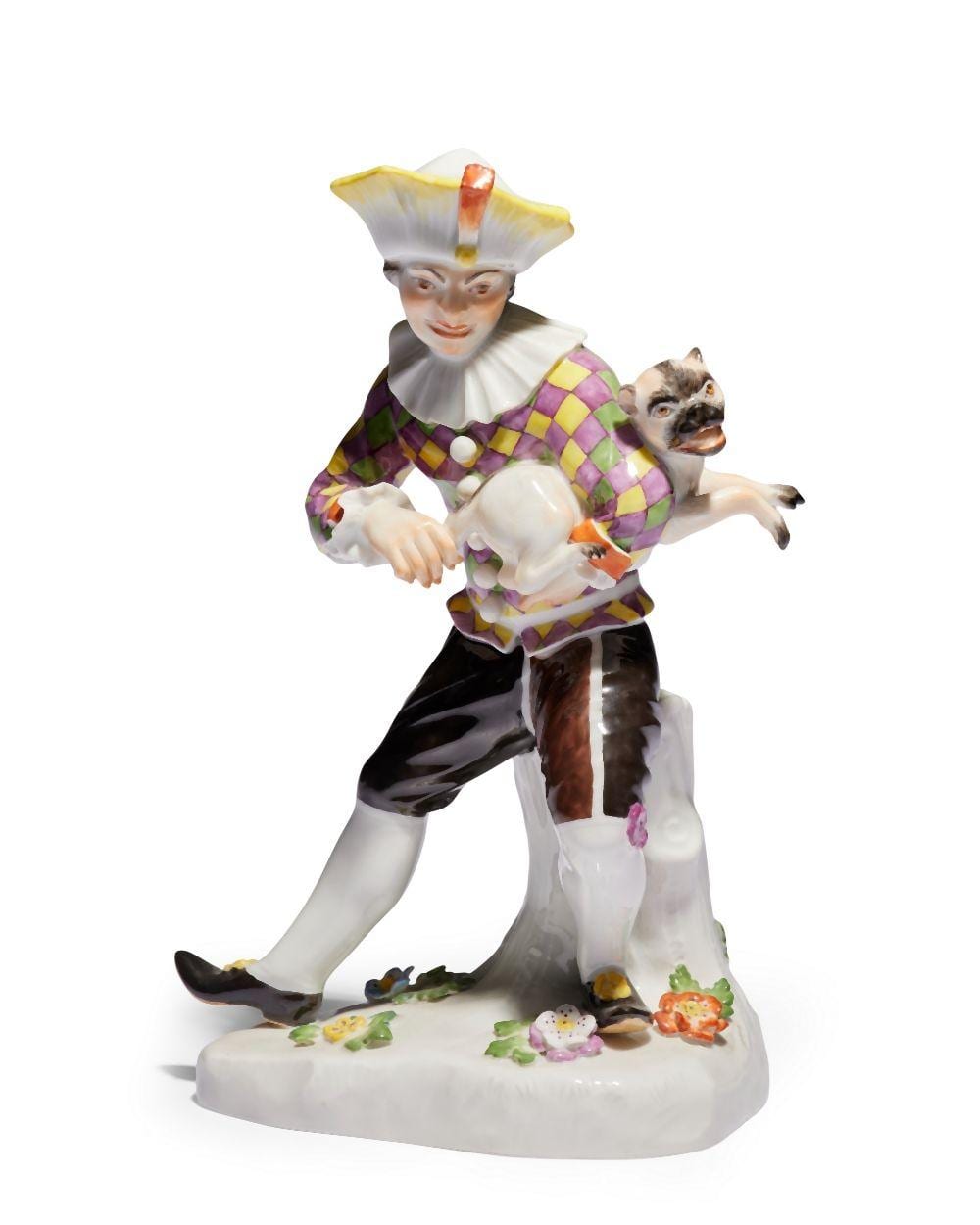 Josef Kienlechner comparable auction result: a meissen porcelain figure of a harlequin with a pug after the model by jo