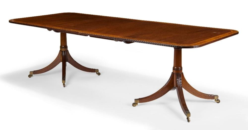 Willem van de (1610) Velde comparable auction result: an english satinwood crossbanded mahogany twin pedestal dining table by wil