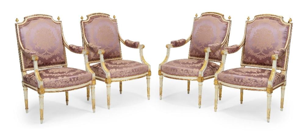 Louis DeNiverville comparable auction result: a set of four louis xvi cream painted and parcel gilt fauteuils by louis d
