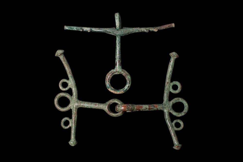 Metal horse bit with two circular rings and crossbars, shown against a black background.