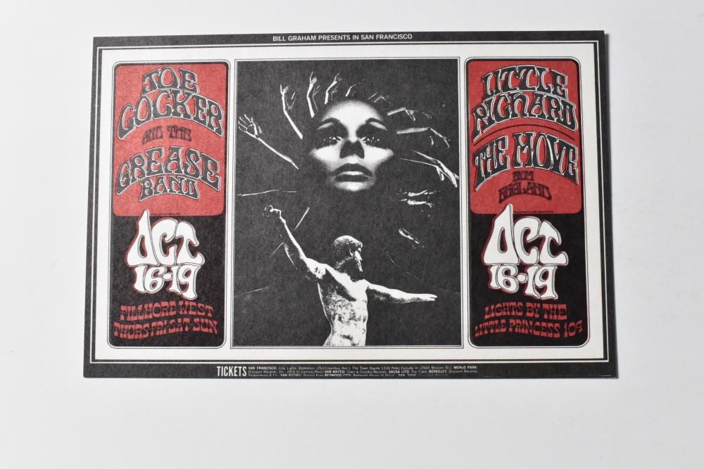 joe cocker the grease band little richard the move fillmore west vintage handbill bill graham bg196 1969 david singer randy tuten · McGrath Auctions · 2025-11-29 Joe Cocker comparable auction result: joe cocker the grease band little richard the move fillmore west vintage handbill bill graham bg196 1969 david singer randy tuten