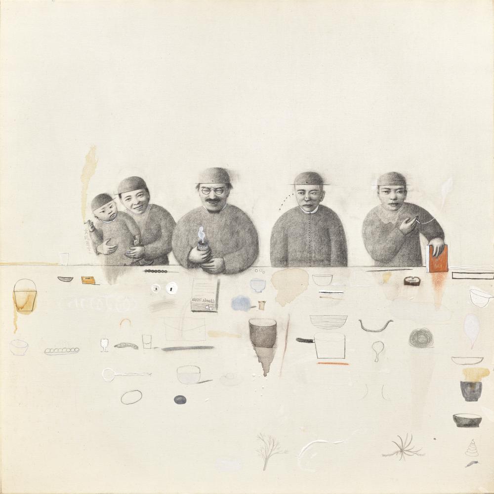 Dachun Ji comparable auction result: ji dachun b 1968 smoking family mixed media on canvas110 x 110 cm 43
