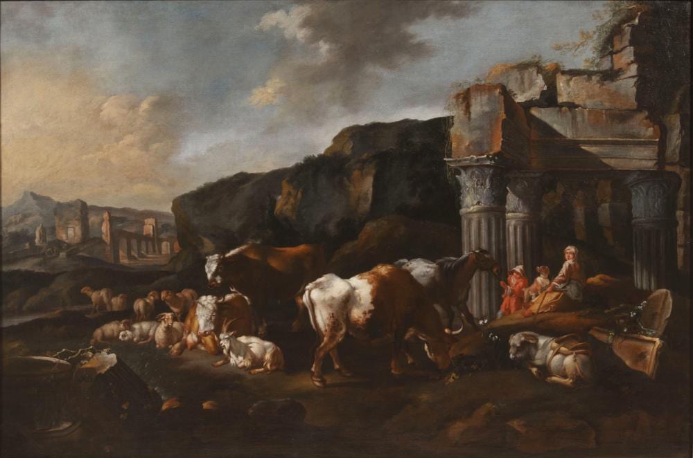 Jan Baptist Weenix comparable auction result: jan baptist weenix workshop 1621 1660 landscape with ruins and livestock