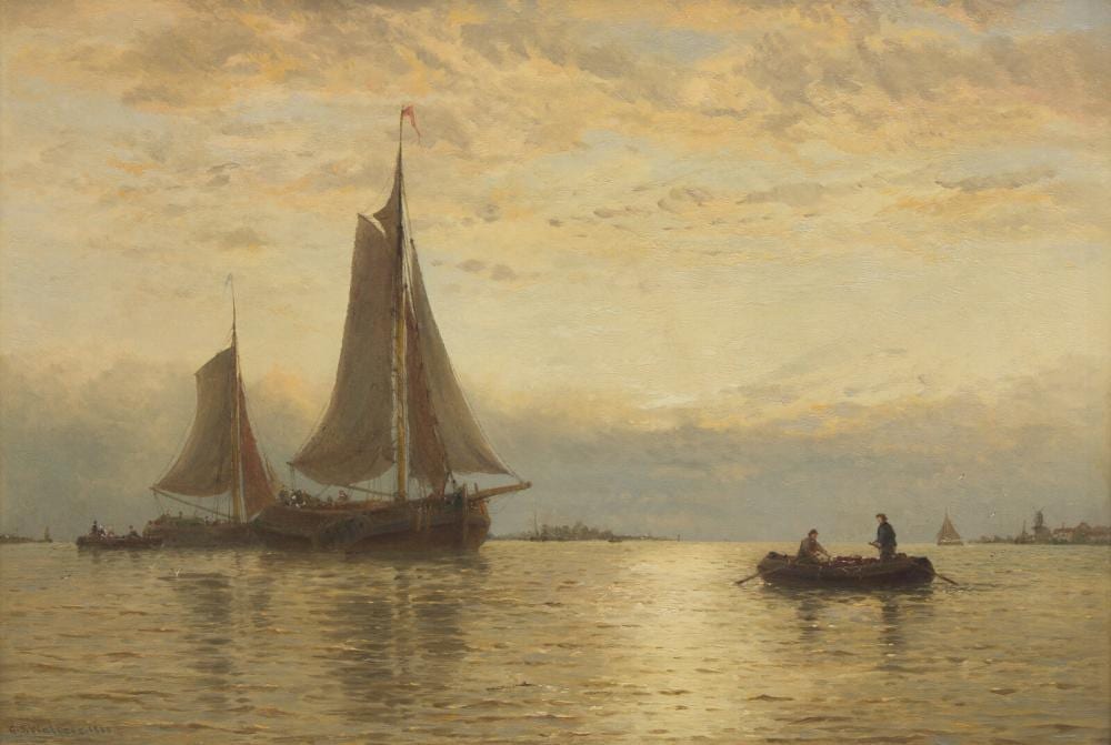 George Stanfield Walters comparable auction result: george stanfield walters british 1838 1924 dutch tjalks at sunset 1885