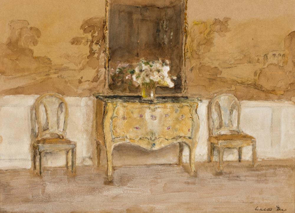 Walter Gay comparable auction result: walter gay american 1856 1937 interior with a commode and a pair of side chairs