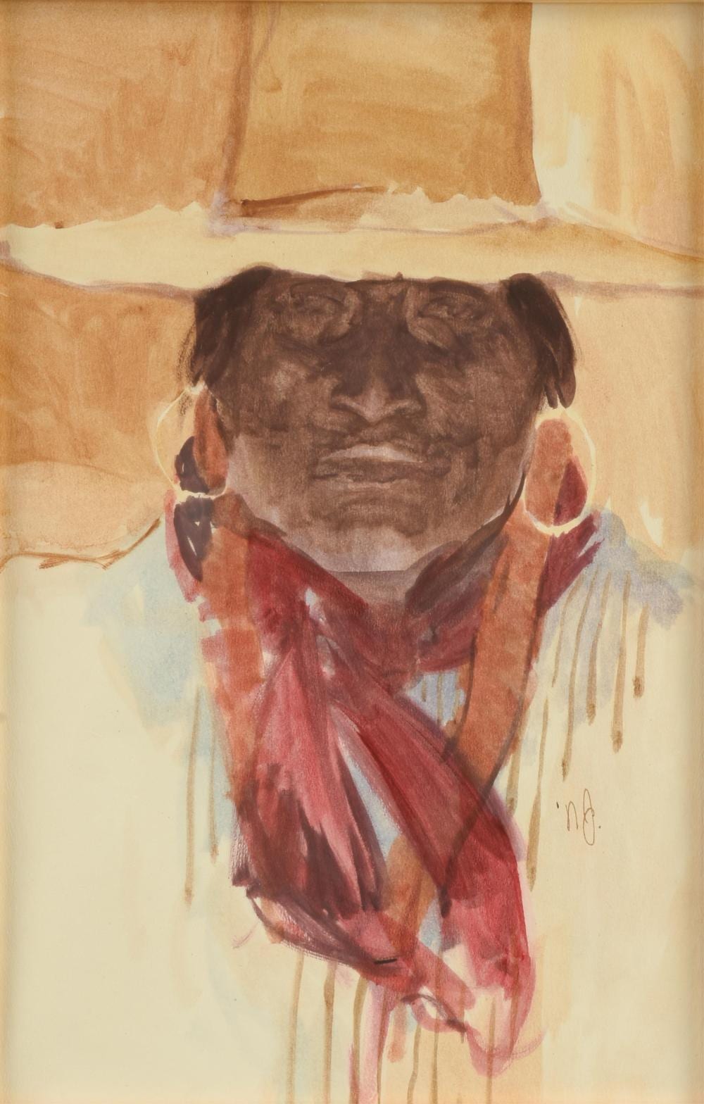 Ned Jacob comparable auction result: ned jacob american 1938 2025 native american man in hat untitled 20th century 19 x 12 1 4 in 48 3 x 31 1 cm frame 32 3 4 x 26 1 4 in 83 2 x 66 7 cm