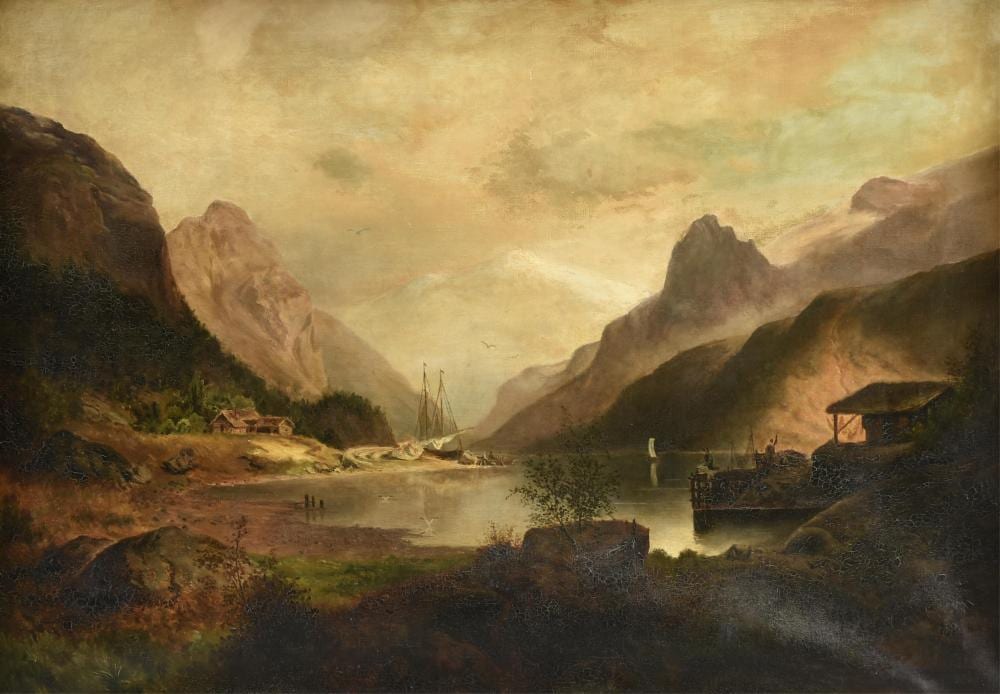 Sophus Jacobsen comparable auction result: sophus jacobsen norwegian 1833 1912 fjord in the mountains 19th century 31 1 2 x 45 3 4 in 80 x 116 2 cm frame 43 1 2 x 57 1 4 in 110 5 x 145 4 cm
