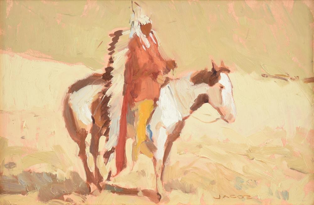 Ned Jacob comparable auction result: ned jacob american 1938 2025 native american chief on horseback untitled 20th century 9 3 4 x 14 3 4 in 24 8 x 37 5 cm frame 16 3 4 x 21 3 4 in 42 5 x 55 2 cm