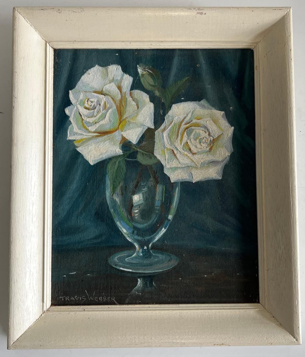 Travis Webber comparable auction result: travis webber 1900 1968 white roses in vase oil on board mid 20th c