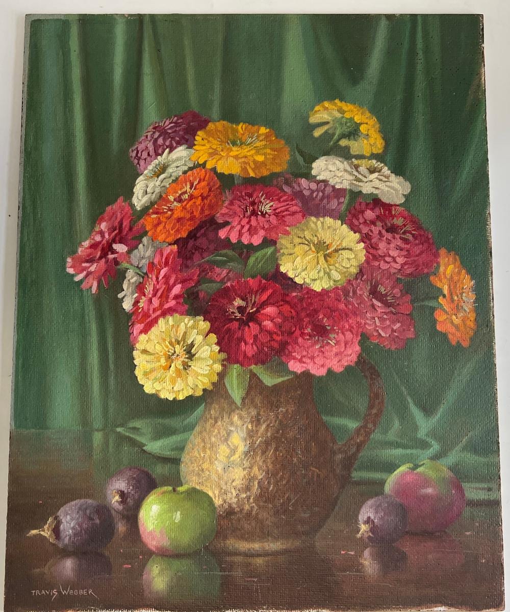 Travis Webber comparable auction result: travis webber australian 1900 1968 still life with zinnias fruit