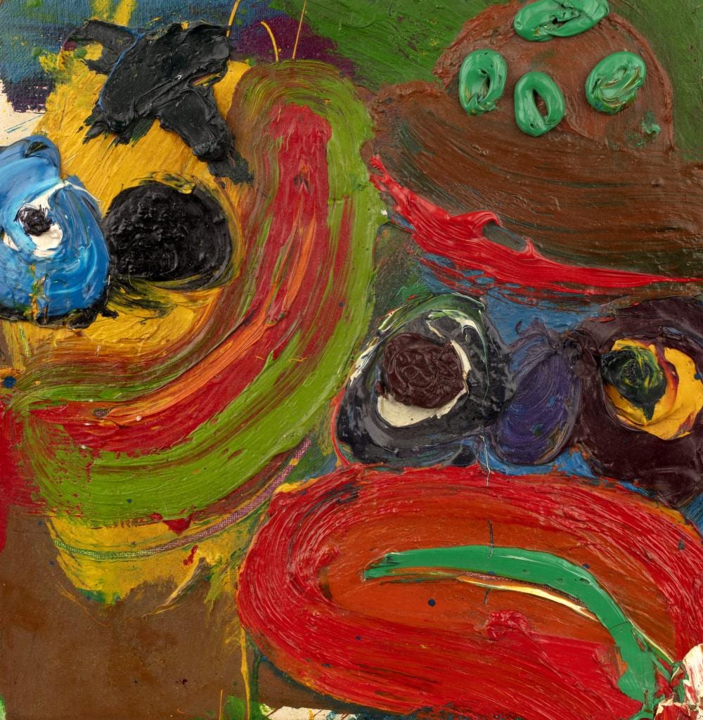 Dave White comparable auction result: dave white b 1971 the crazy clowns 1992 oil on canvas with use of impasto signed titled and dated to the reverse unframed 30cm x 30cm