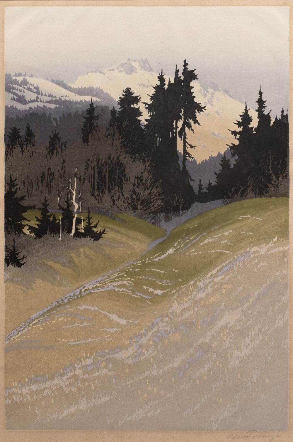 oscar droege 1898 1983 landscape coloured woodcut signed in pencil lower right 37cm x 25cm · Mallams · 2025-12-10 Oscar Dröge comparable auction result: oscar droege 1898 1983 landscape coloured woodcut signed in pencil lower right 37cm x 25cm