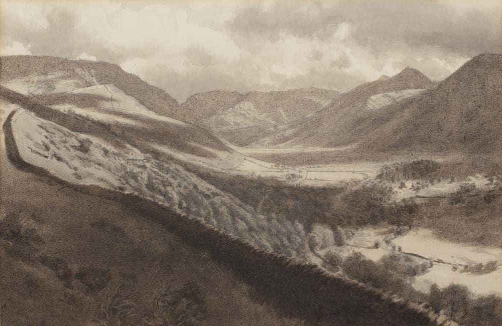 David Woodford comparable auction result: david woodford b 1938 welsh landscape 1976 pencil and monochrome wash signed in pencil lower left 27 5cm x 42cm