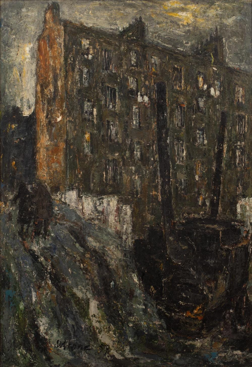 Herbert Whone comparable auction result: herbert whone 1925 2011 building with figures 1958 with another subject to the reverse oil on panel signed and dated lower left 99cm x 68cm