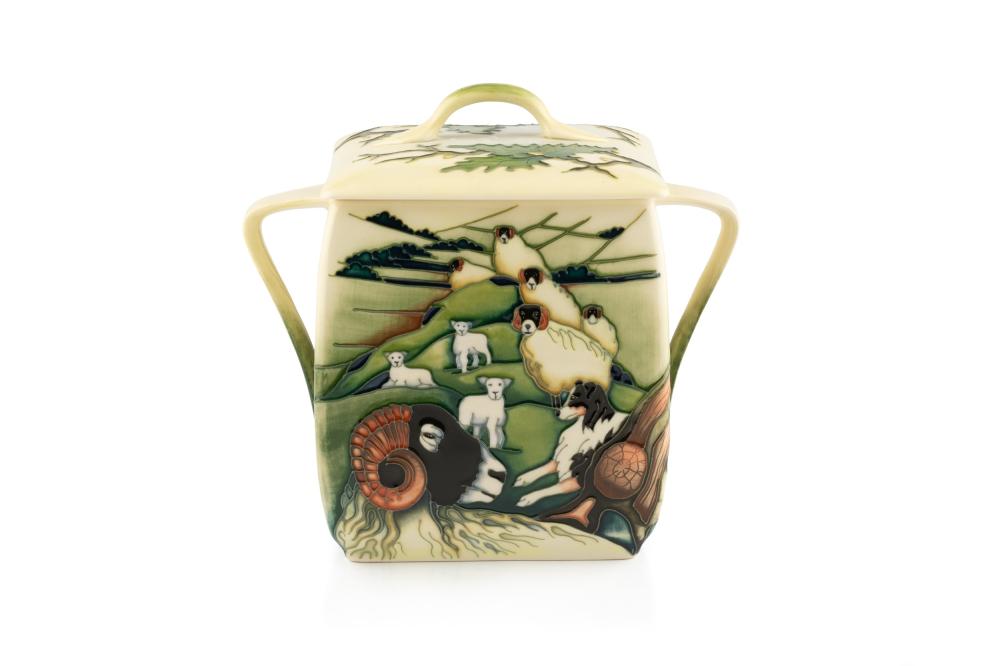 Philip Gibson comparable auction result: philip gibson for moorcroft pottery biscuit box and cover swaledale pattern with impressed marks to the base 18 5cm high x 19 5cm diameter